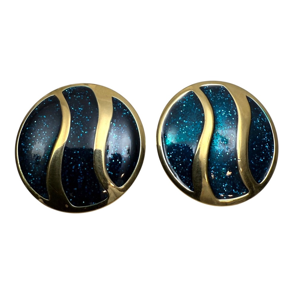 VTG Gold Tone Post Earrings Enamel Blue Glitter Round Statement Jewelry Pierced